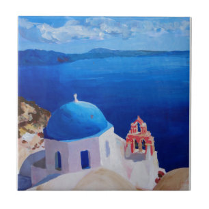 青いSantorini、ギリシャ- Oiaからの眺め タイル