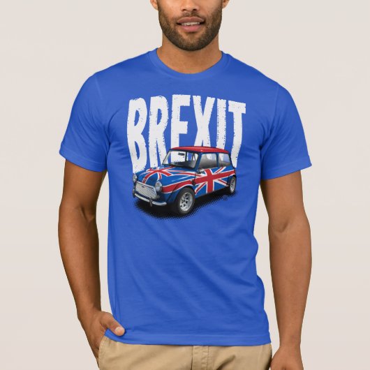青いTシャツのBrexitのクラシックな小型車 Tシャツ (正面)