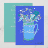青いV2カラフルなハッピーバースデーの花が入ったマグカップ シーズンカード (正面/裏面)