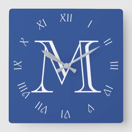 青いwccnのMonogram白い数字 スクエア壁時計 (正面)
