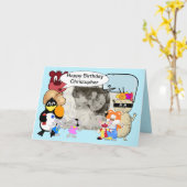 青おもしろいい可愛い漫画の動物 カード (黄色い花)