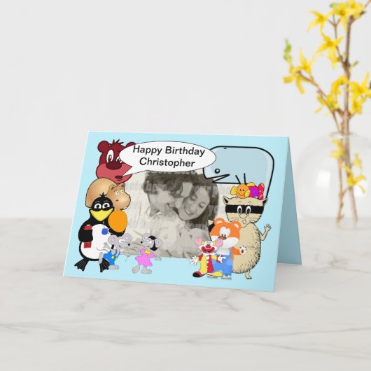 青おもしろいい可愛い漫画の動物 カード (黄色い花)