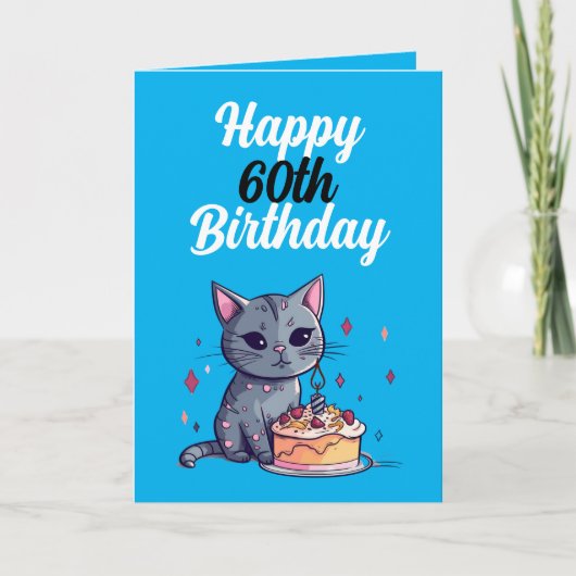 青おもしろいと白の猫の夫60誕生日 カード (正面)