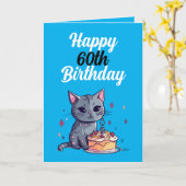 青おもしろいと白の猫の夫60誕生日 カード (黄色い花)