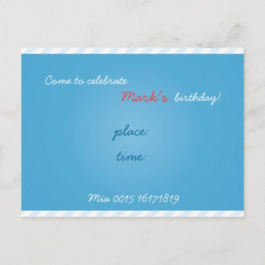 青おもしろいピエロ誕生日の招待状 インビテーションポストカード (裏面)