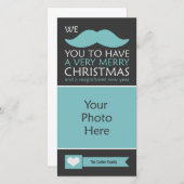 青おもしろい口ひげクリスマス写真 シーズンカード (正面/裏面)