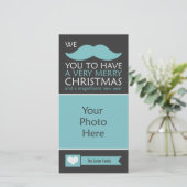 青おもしろい口ひげクリスマス写真 シーズンカード (スタンド正面)