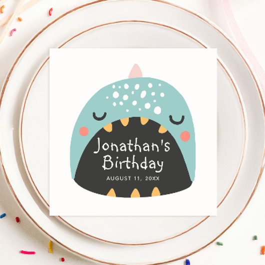 青おもしろい恐竜。キッズディノモンスターバースデー スタンダードカクテルナプキン