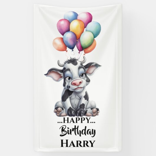 青おもしろい牛の旗 横断幕 (縦)