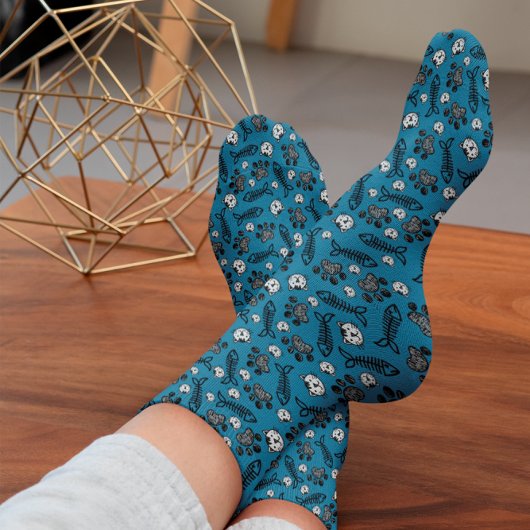 青おもしろい白黒キャッツスケッチ ソックス