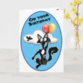 青おもしろい空飛んでいるの誕生日 カード (黄色い花)