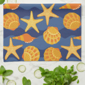 青およびオレンジ貝殻パターン キッチンタオル (折り畳み)