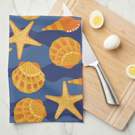 青およびオレンジ貝殻パターン キッチンタオル (四つ折り)
