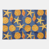 青およびオレンジ貝殻パターン キッチンタオル (横)