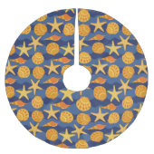 青およびオレンジ貝殻パターン ブラッシュドポリエステルツリースカート (正面)