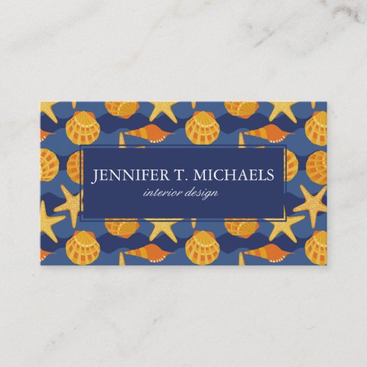 青およびオレンジ貝殻パターン 名刺 (正面)