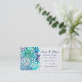 青およびティール(緑がかった色)の花の曼荼羅のデザイン 名刺 (スタンド正面)