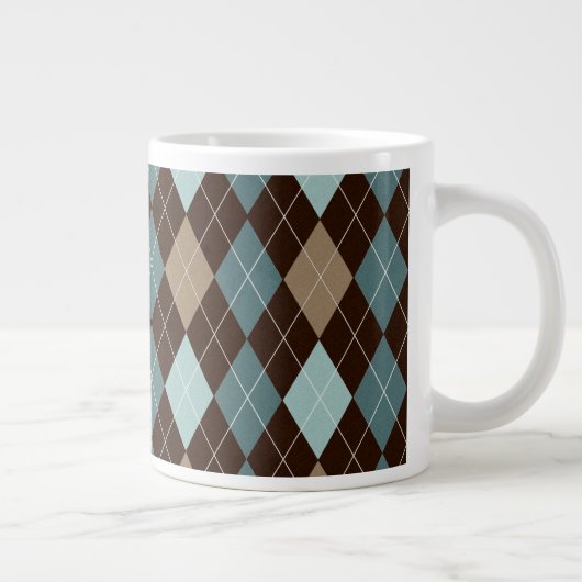 青およびブラウンのアーガイル柄のなファッションパターン ジャンボコーヒーマグカップ (右)