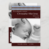 青およびブラウンのアーガイル柄のな男の赤ちゃんの誕生の発表 案内状 (正面/裏面)