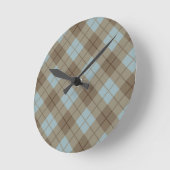 青およびブラウンのバイアス格子縞 ラウンド壁時計 (傾斜)