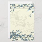 青およびベージュ花盛りの木の文房具 便箋 (正面/裏面)