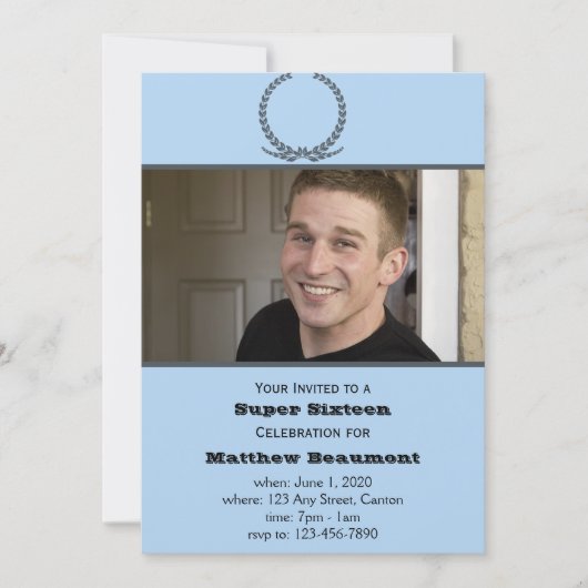 青および灰色の写真の誕生日のパーティの招待状 招待状 (正面)