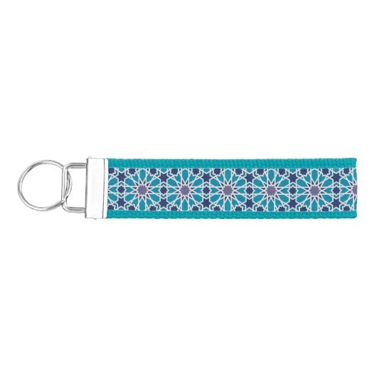 青および灰色の抽象的なパターン リストバンドキーホルダー (鍵左)