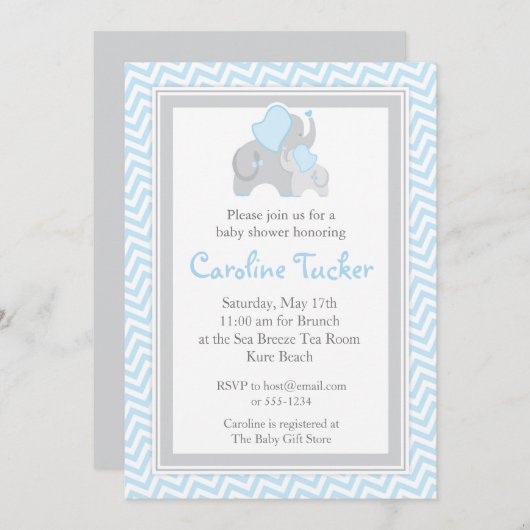 青および灰色象の男の赤ちゃんのシャワーシェブロン 招待状 (正面/裏面)