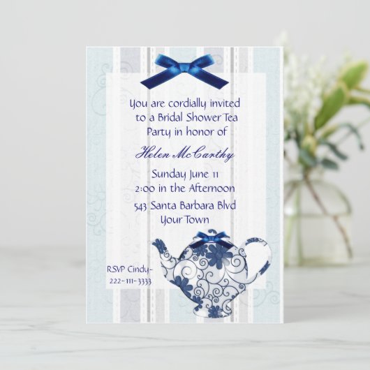 青および白いお茶会のブライダルシャワーの招待状 招待状 (スタンド正面)