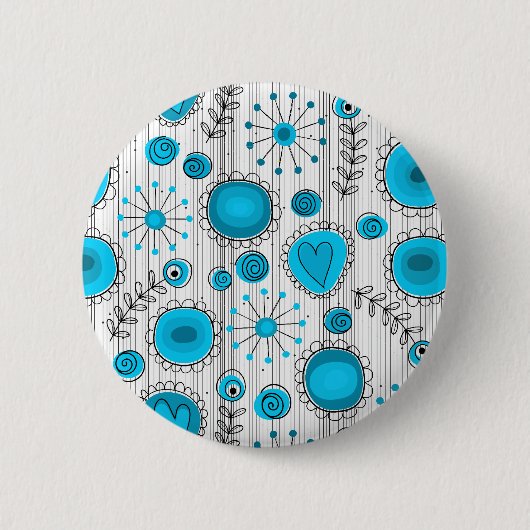 青および白いのお洒落な花 缶バッジ (正面)