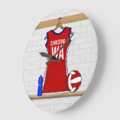 青および白いのカスタムなネットボールの均一赤 ラージ壁時計 (傾斜)