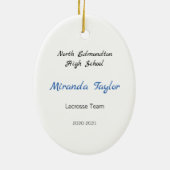 青および白いのブルネットのメスのラクロスプレーヤー セラミックオーナメント (裏面)