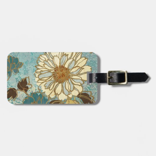 青および白いの装飾的な花模様 ラゲッジタグ (正面横)