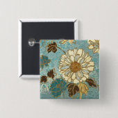 青および白いの装飾的な花模様 缶バッジ (正面&裏面)