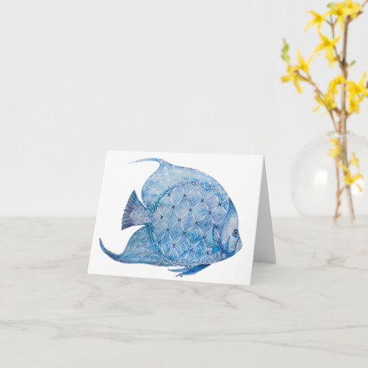 青および白いろうけつ染めのAngelfishの空白のなカード カード (黄色い花)
