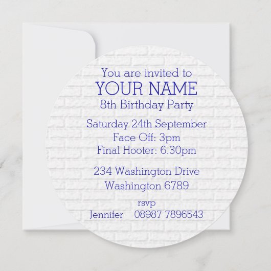 青および白いアイスホッケーのジャージーの誕生会 招待状 (裏面)