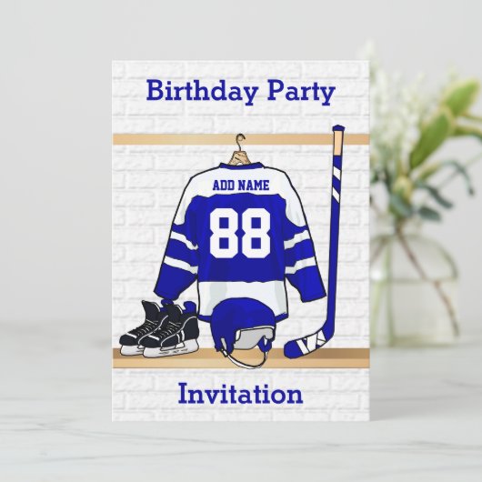 青および白いアイスホッケーのジャージーの誕生会 招待状 (スタンド正面)