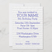 青および白いアイスホッケーのジャージーの誕生会 招待状 (裏面)