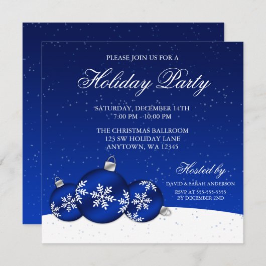 青および白いクリスマスオーナメントの休日のパーティ 招待状 (正面/裏面)