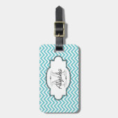 青および白いシェブロンのストライプな荷物のラベル ラゲッジタグ (正面縦)