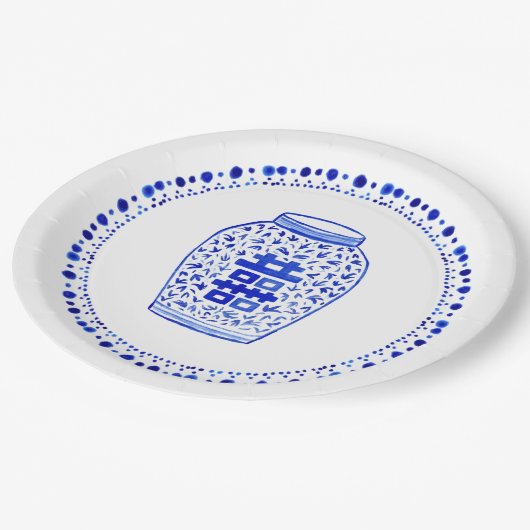 青および白いショウガの瓶のコレクション ペーパープレート (アングル)