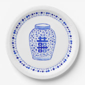 青および白いショウガの瓶のコレクション ペーパープレート (正面)