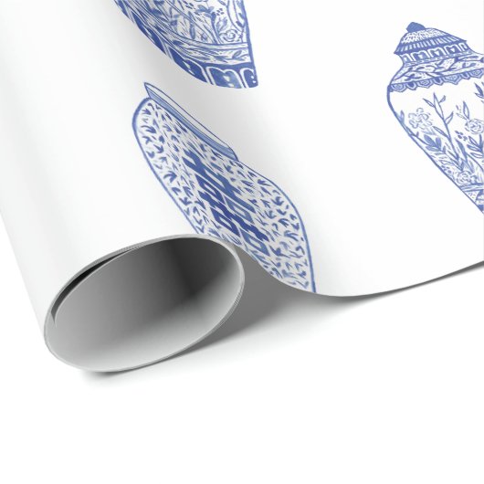 青および白いショウガの瓶の包装紙 ラッピングペーパー (ロールコーナー)