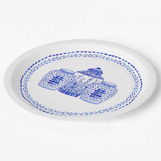 青および白いショウガの瓶の紙皿の水彩画 ペーパープレート (アングル)