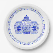 青および白いショウガの瓶の紙皿の水彩画 ペーパープレート (正面)