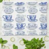 青および白いティーカップ キッチンタオル (折り畳み)