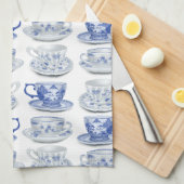 青および白いティーカップ キッチンタオル (四つ折り)
