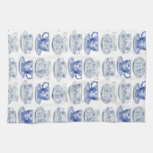 青および白いティーカップ キッチンタオル (横)