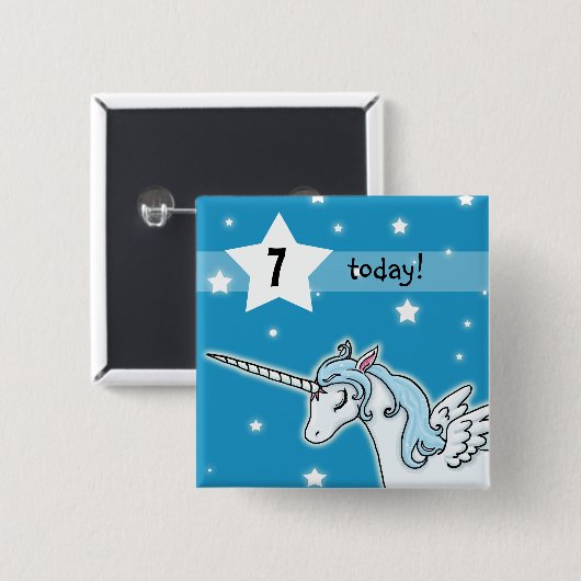 青および白いペガソスのユニコーンの誕生日の年齢 缶バッジ (正面&裏面)