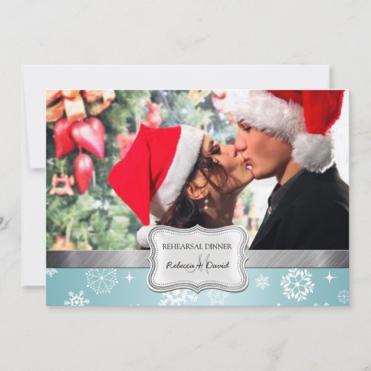 青および白い冬の結婚式のリハーサルの夕食 招待状 (正面)